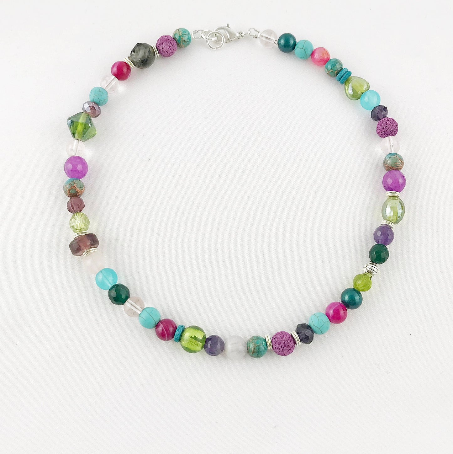 Colorful Boho Silver Necklace | Handmade Turquoise, Amethyst, Jade & Agate Ladies Statement Jewelry | Ibiza-Style