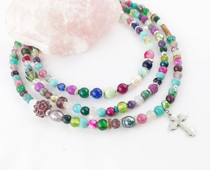 Colorful Boho Silver Necklace | Handmade Turquoise, Amethyst, Jade & Agate Ladies Statement Jewelry | Ibiza-Style