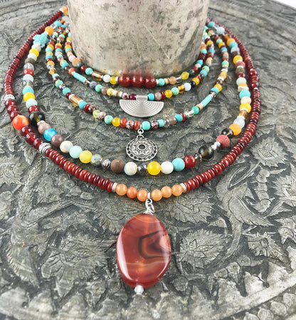 Colorful Boho Silver Necklace | Handmade Turquoise, Carnelian & Calcite Beaded Jewelry | Ibiza Style Women's Accessory