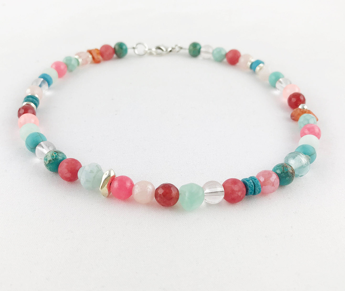 Boho Silver Gemstone Necklace | Turquoise, Carnelian & Jade Beaded Ibiza Style Jewelry for Women