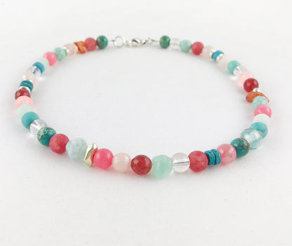 Boho Silver Gemstone Necklace | Turquoise, Carnelian & Jade Beaded Ibiza Style Jewelry for Women