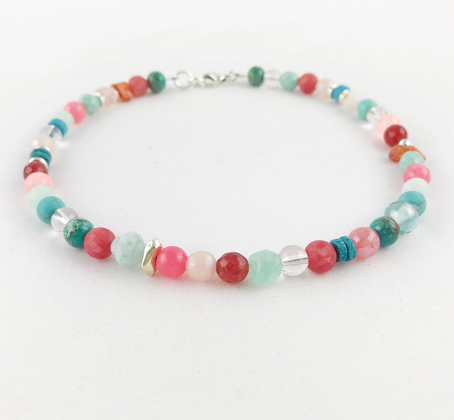 Boho Silver Gemstone Necklace | Turquoise, Carnelian & Jade Beaded Ibiza Style Jewelry for Women