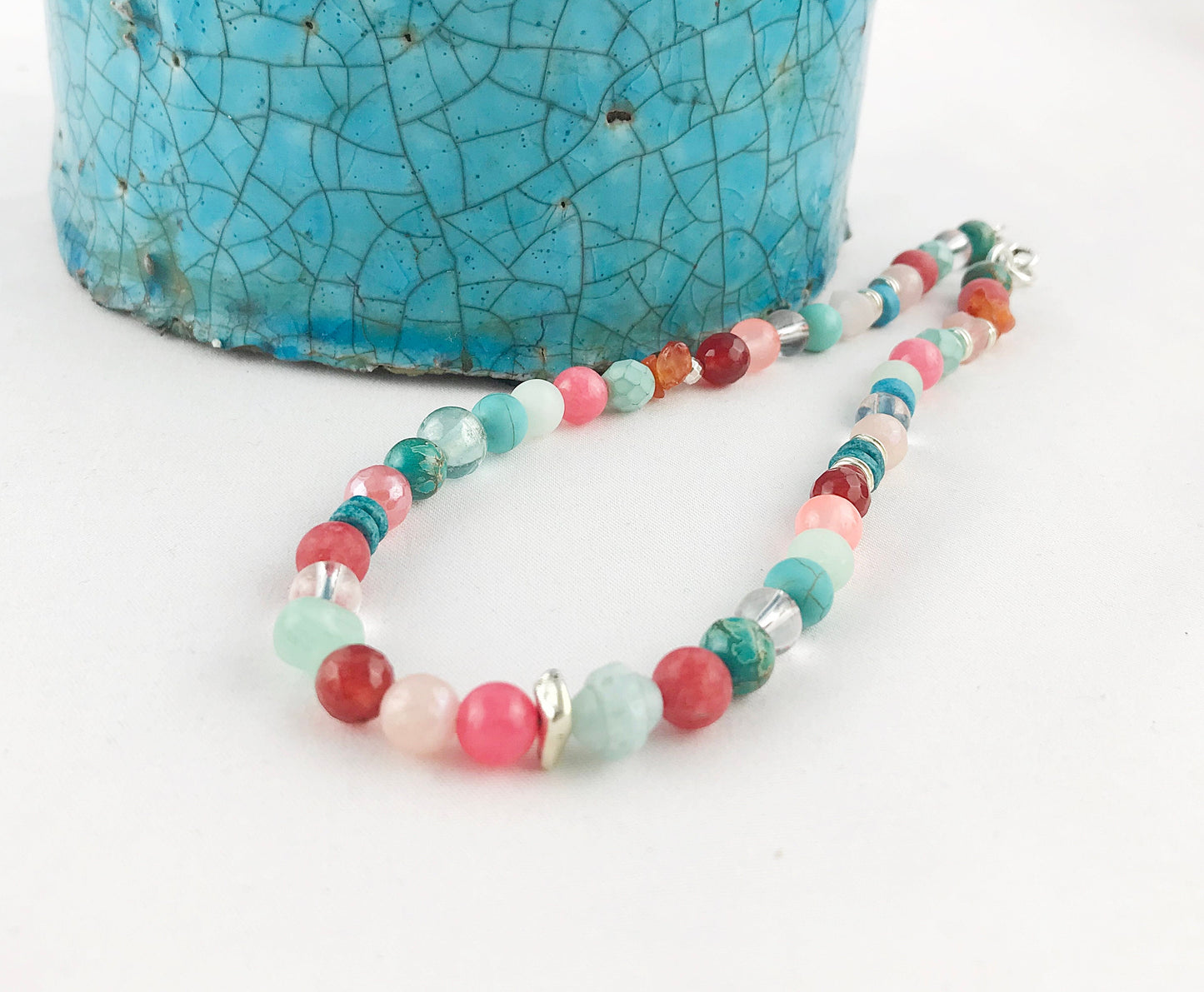 Boho Silver Gemstone Necklace | Turquoise, Carnelian & Jade Beaded Ibiza Style Jewelry for Women