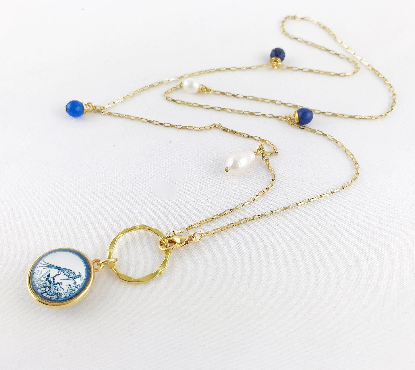 Delicate Gold Boho Pearl Necklace | Handcrafted Jade & Freshwater Pearl Chain with Reversible Peacock Pendant