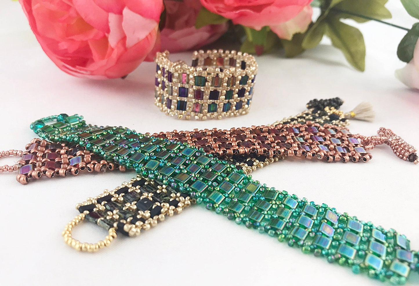 Handmade Emerald Green Peyote Stitch Bracelet | Boho Miyuki Bead Jewelry