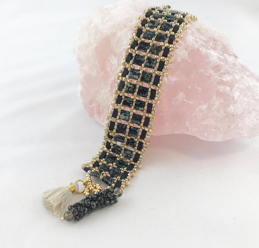 Handcrafted Peyote Gold and Black Beaded Bracelet | Boho Ibiza Style | Miyuki Beads