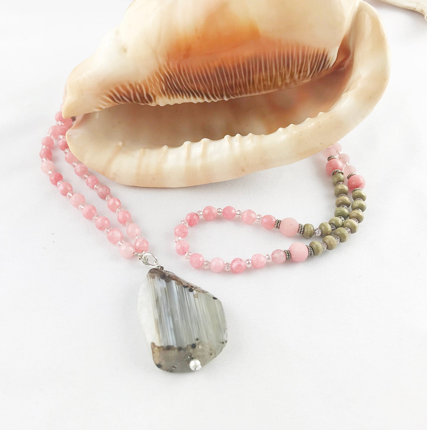 Handcrafted Boho Long Necklace with Jade, Wood, and Statement Pendant - Ibiza Style Silver Jewelry