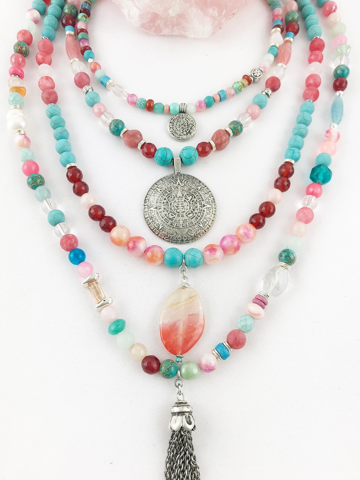 Long Boho Gemstone Pearl Necklace | Ibiza Jewelry | Silver Turquoise Bohemian Statement Piece