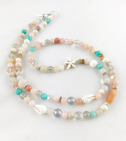 Long Boho Gemstone Pearl Necklace | Ibiza Jewelry | Silver Turquoise Bohemian Statement Piece