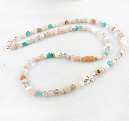 Long Boho Gemstone Pearl Necklace | Ibiza Jewelry | Silver Turquoise Bohemian Statement Piece