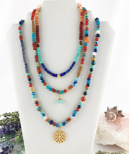 Desert Flower Gold Boho Necklace | Handcrafted Carnelian, Turquoise & Agate Beaded Jewelry for Women