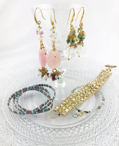 Floral Boho Gold Earrings | Handmade Gemstone Dangle Earrings | Grace Collection | Rose Quartz and Lampwork Beads