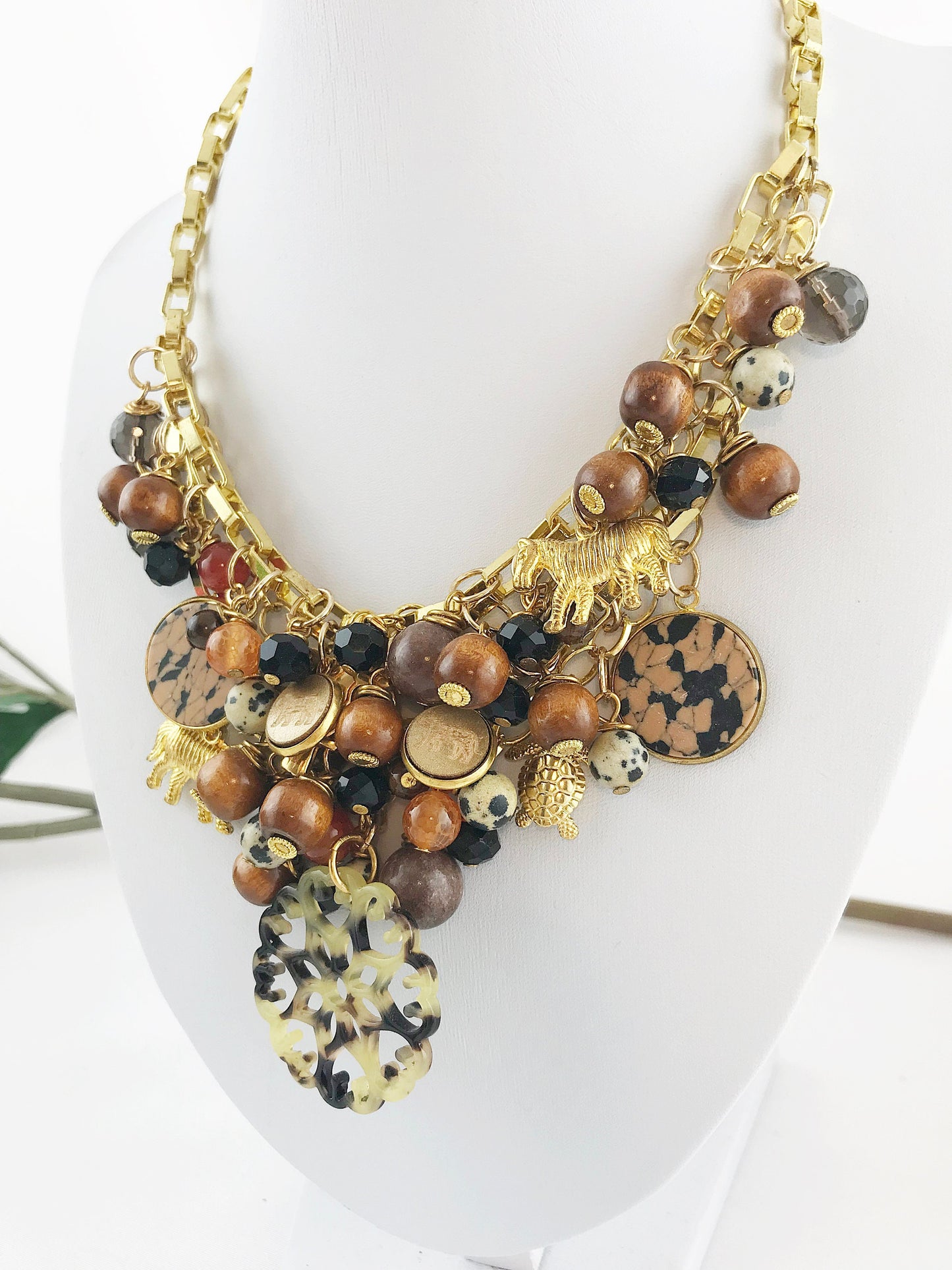 Luxurious Safari-Inspired Boho Statement Necklace | Multi-Strand Gold Chain with Gemstones