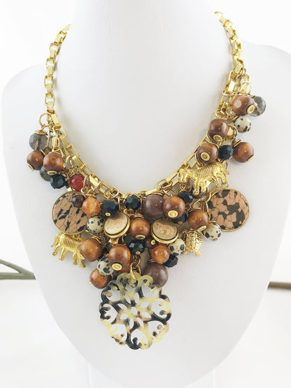 Luxurious Safari-Inspired Boho Statement Necklace | Multi-Strand Gold Chain with Gemstones