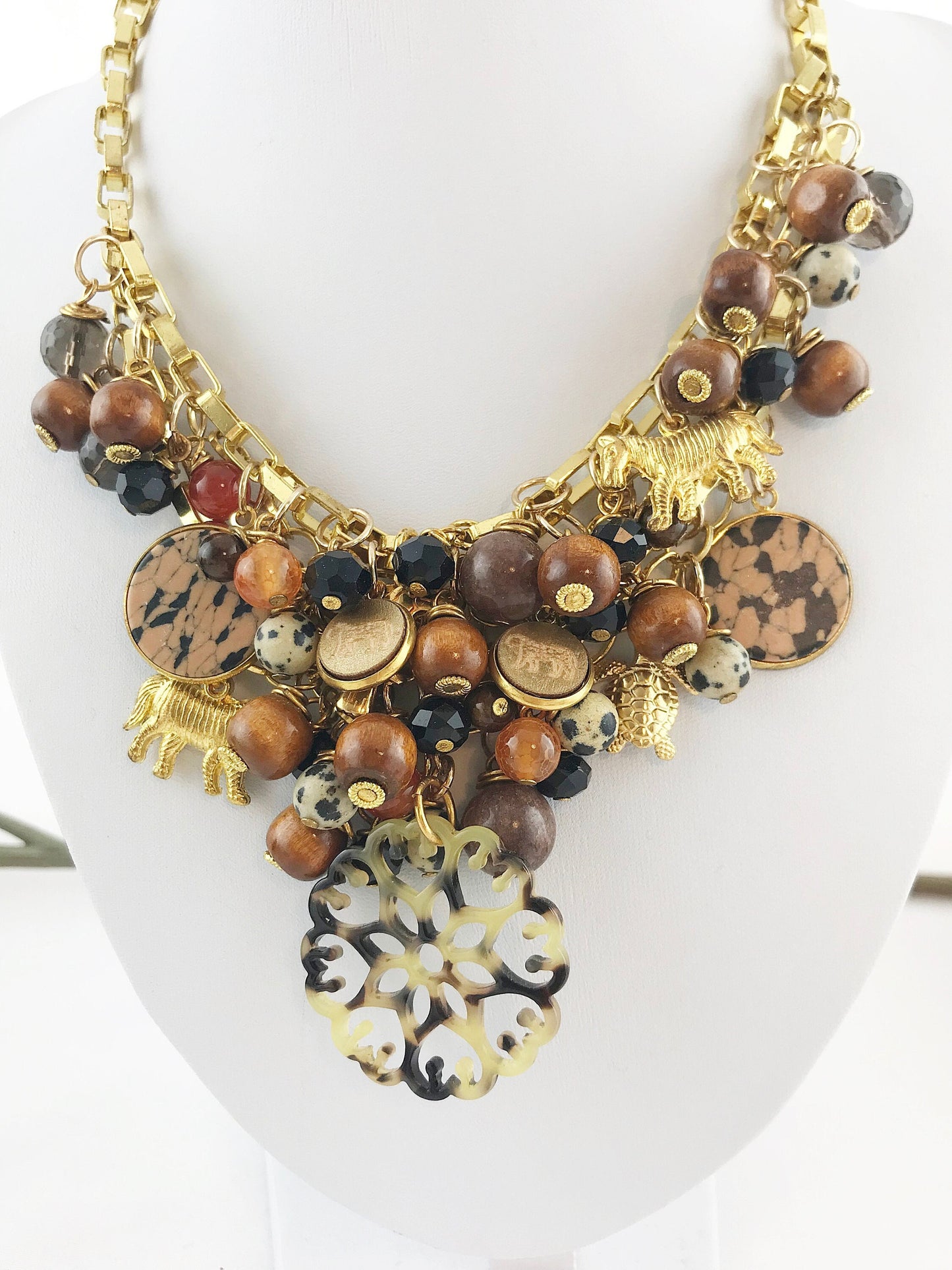 Luxurious Safari-Inspired Boho Statement Necklace | Multi-Strand Gold Chain with Gemstones