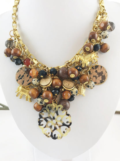 Luxurious Safari-Inspired Boho Statement Necklace | Multi-Strand Gold Chain with Gemstones