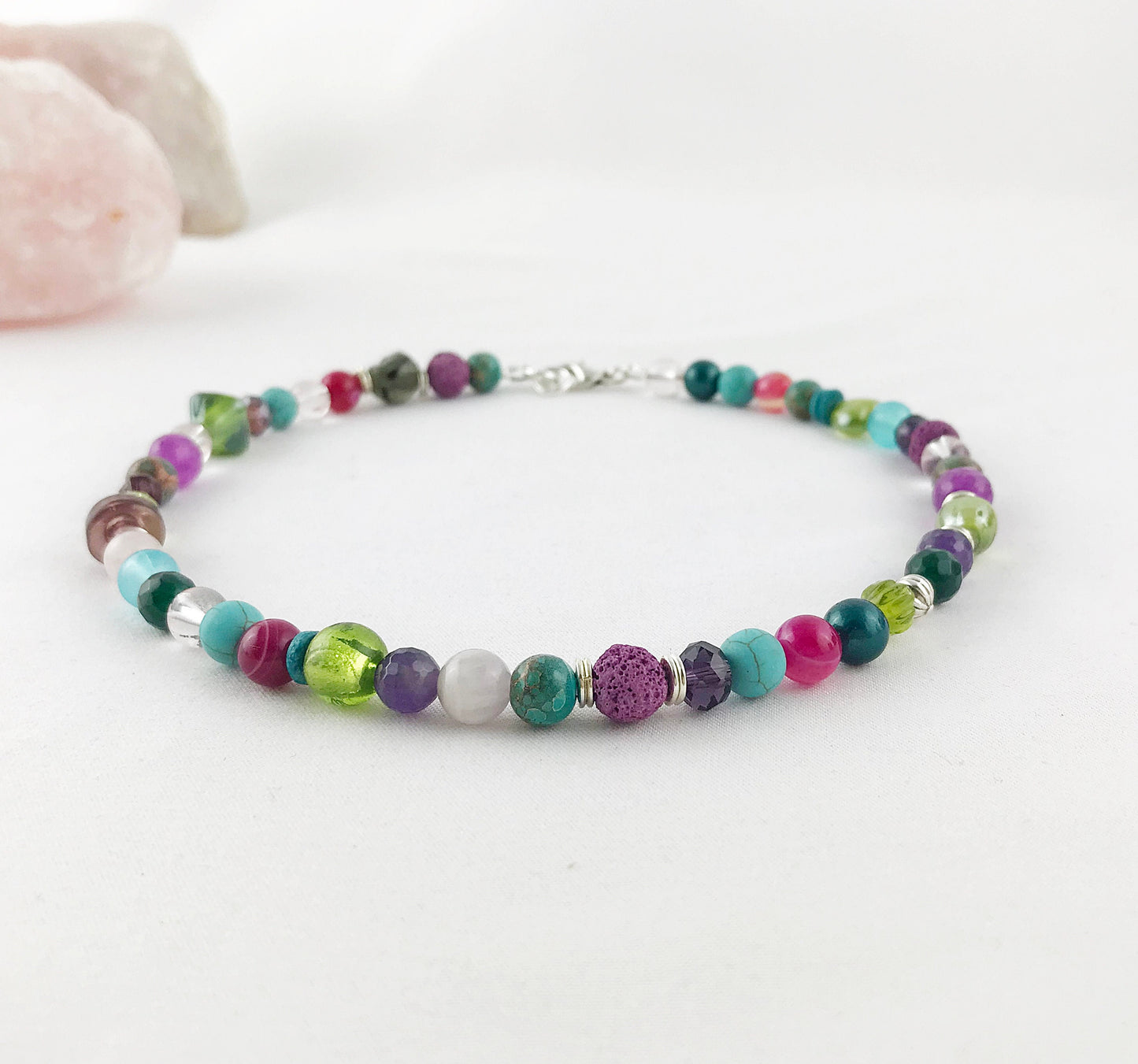 Colorful Boho Silver Necklace | Handmade Turquoise, Amethyst, Jade & Agate Ladies Statement Jewelry | Ibiza-Style