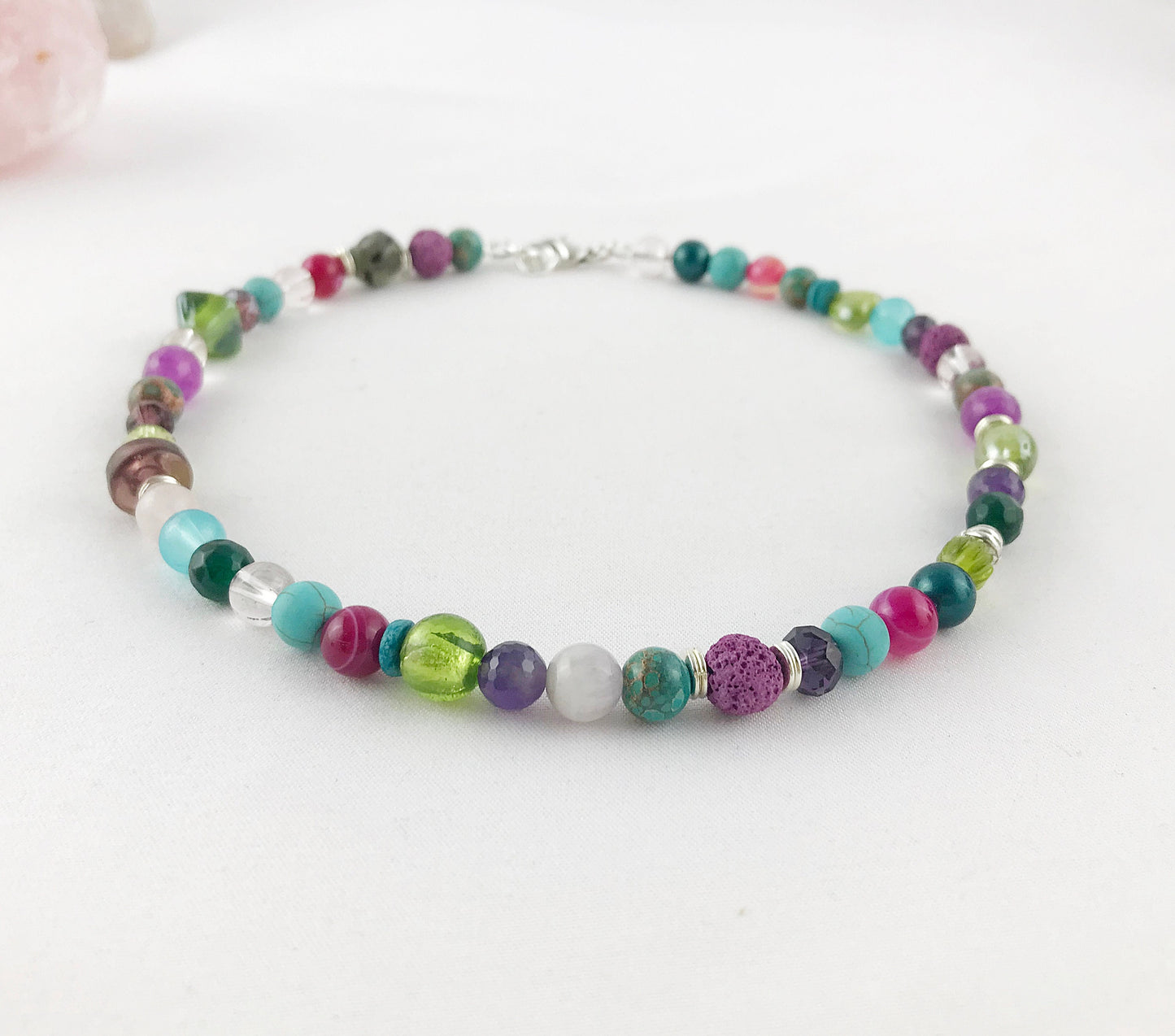 Colorful Boho Silver Necklace | Handmade Turquoise, Amethyst, Jade & Agate Ladies Statement Jewelry | Ibiza-Style