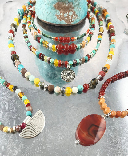 Colorful Boho Silver Necklace | Handmade Turquoise, Carnelian & Calcite Beaded Jewelry | Ibiza Style Women's Accessory