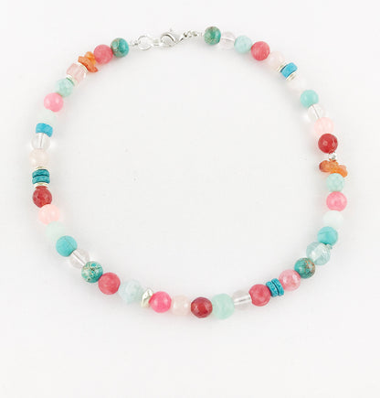 Boho Silver Gemstone Necklace | Turquoise, Carnelian & Jade Beaded Ibiza Style Jewelry for Women