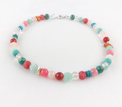 Boho Silver Gemstone Necklace | Turquoise, Carnelian & Jade Beaded Ibiza Style Jewelry for Women