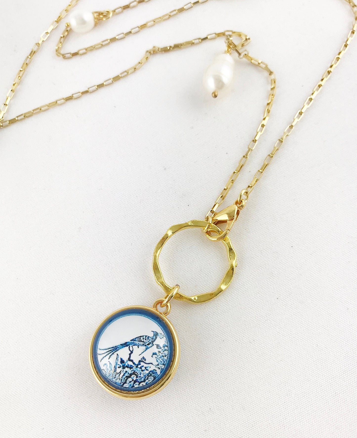 Delicate Gold Boho Pearl Necklace | Handcrafted Jade & Freshwater Pearl Chain with Reversible Peacock Pendant