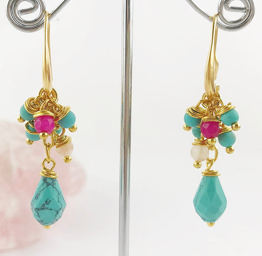 Boho Turquoise Drop Earrings | Gold-Plated Gemstone Chandelier | Ibiza Style Handmade Jewelry