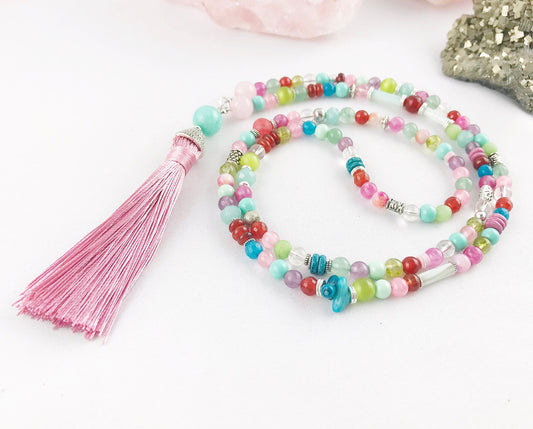 Colorful Boho Gemstone Necklace - Long Ruby Jade Carnelian Beaded Ibiza Jewelry Pink Turquoise Silver