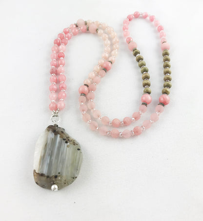 Handcrafted Boho Long Necklace with Jade, Wood, and Statement Pendant - Ibiza Style Silver Jewelry