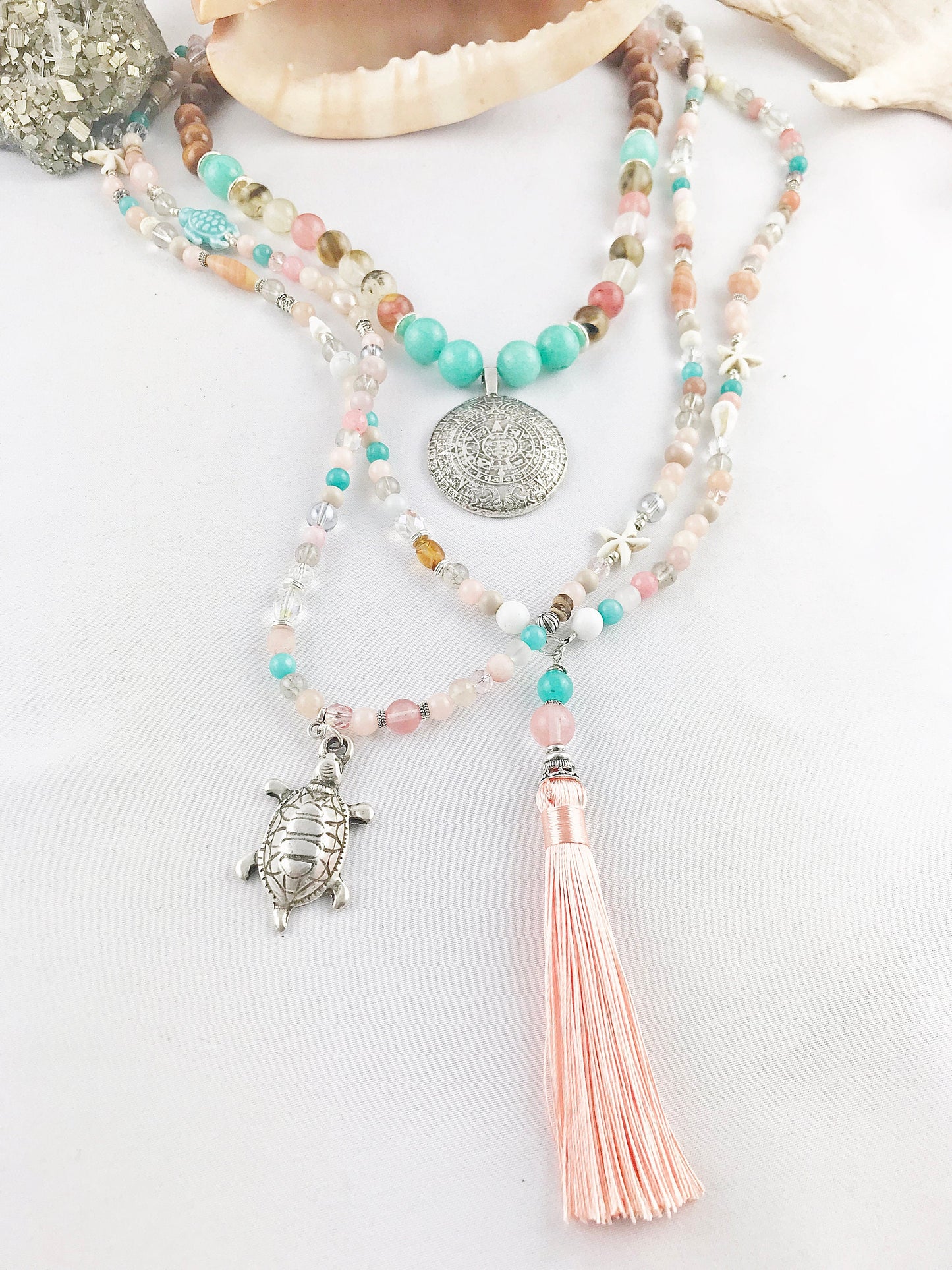 Long Boho Gemstone Pearl Necklace | Ibiza Jewelry | Silver Turquoise Bohemian Statement Piece