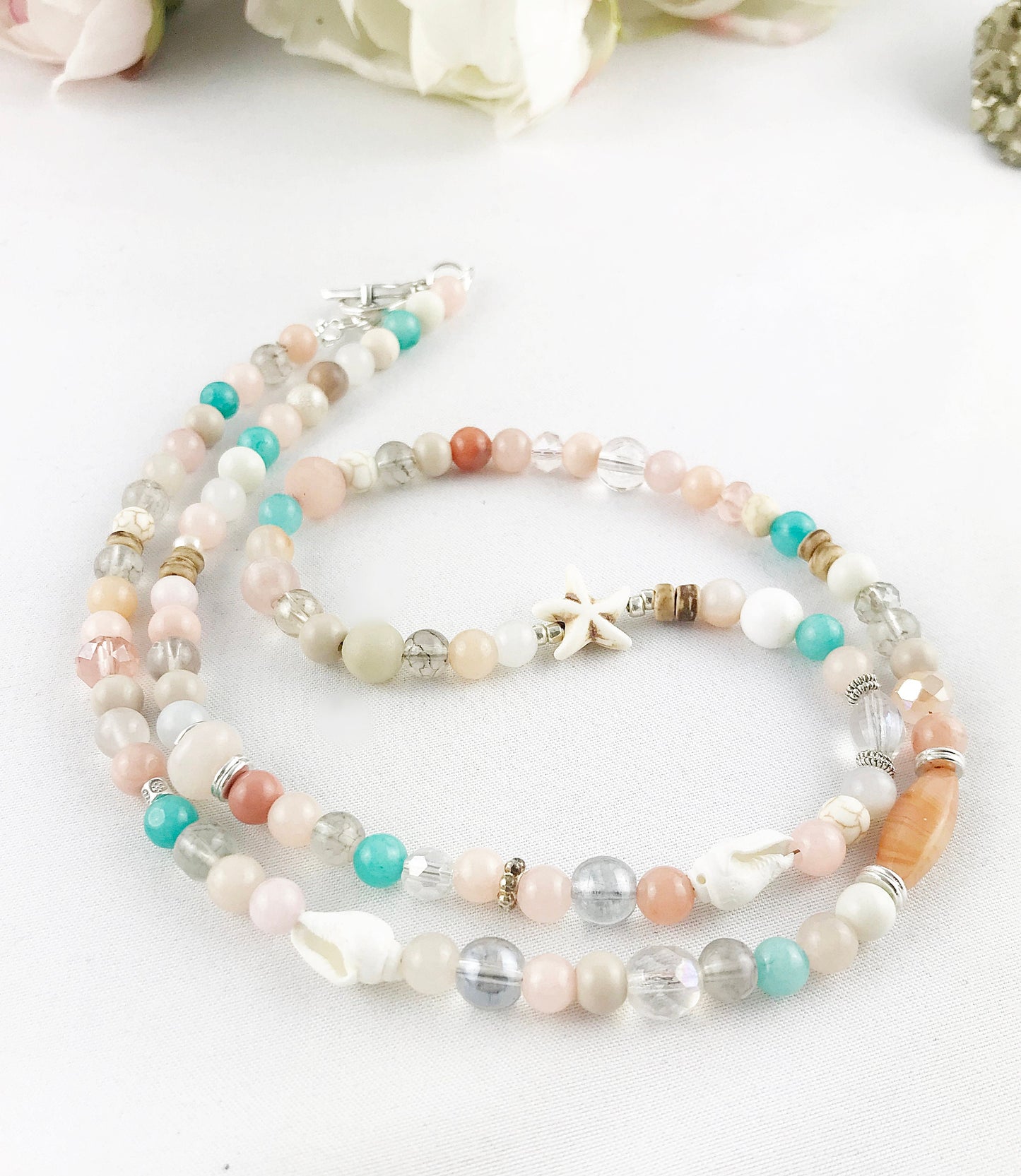 Long Boho Gemstone Pearl Necklace | Ibiza Jewelry | Silver Turquoise Bohemian Statement Piece