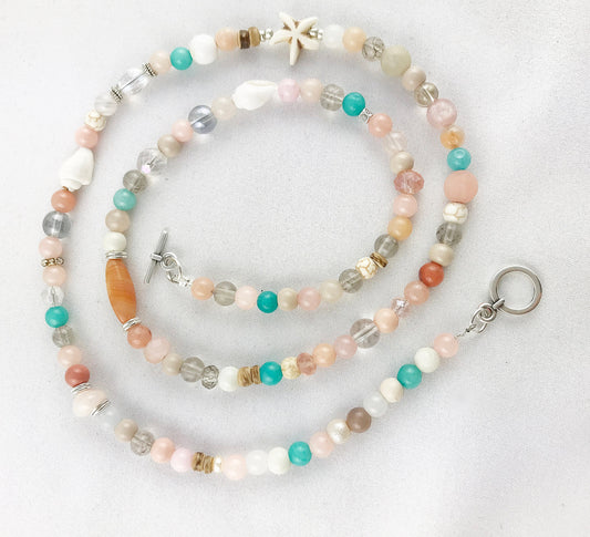 Long Boho Gemstone Pearl Necklace | Ibiza Jewelry | Silver Turquoise Bohemian Statement Piece