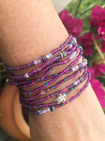 Purple Turtle Boho Wrap Bracelet | Silver Amethyst Beaded Jewelry | Bohemian Multi-Wrap Bracelet for Women