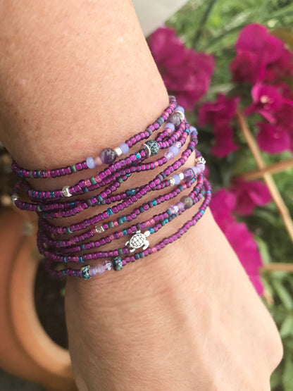 Purple Turtle Boho Wrap Bracelet | Silver Amethyst Beaded Jewelry | Bohemian Multi-Wrap Bracelet for Women