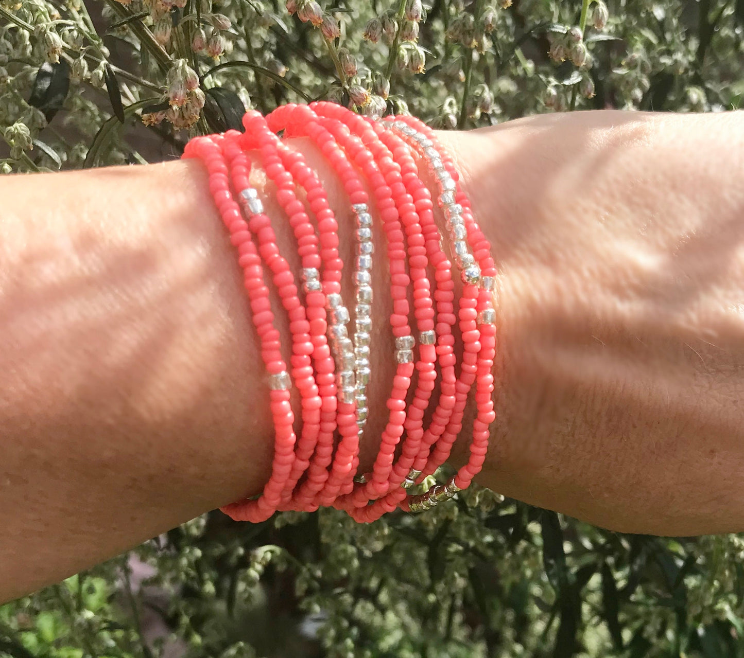 Coral and Silver Boho Wrap Bracelet | Ibiza-Inspired Beaded Jewelry for Women