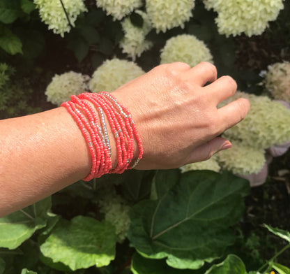 Coral and Silver Boho Wrap Bracelet | Ibiza-Inspired Beaded Jewelry for Women