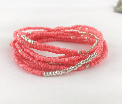 Coral and Silver Boho Wrap Bracelet | Ibiza-Inspired Beaded Jewelry for Women