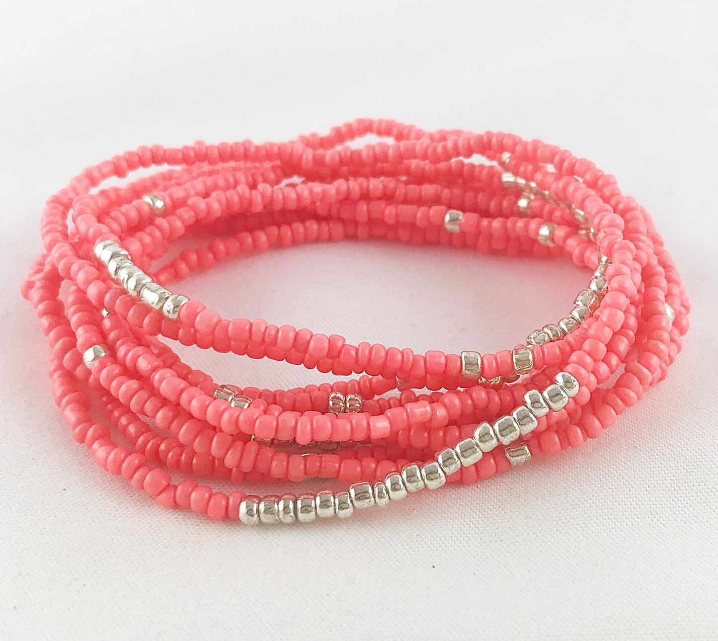 Coral and Silver Boho Wrap Bracelet | Ibiza-Inspired Beaded Jewelry for Women