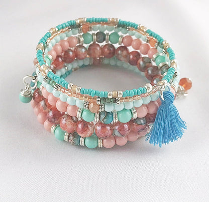 Boho Wrap Bracelet with Charms | Turquoise, Pink, Silver Beaded Cuff | Ibiza Style Jewelry