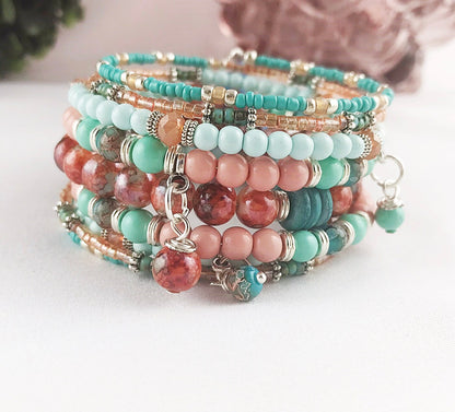 Boho Wrap Bracelet with Charms | Turquoise, Pink, Silver Beaded Cuff | Ibiza Style Jewelry