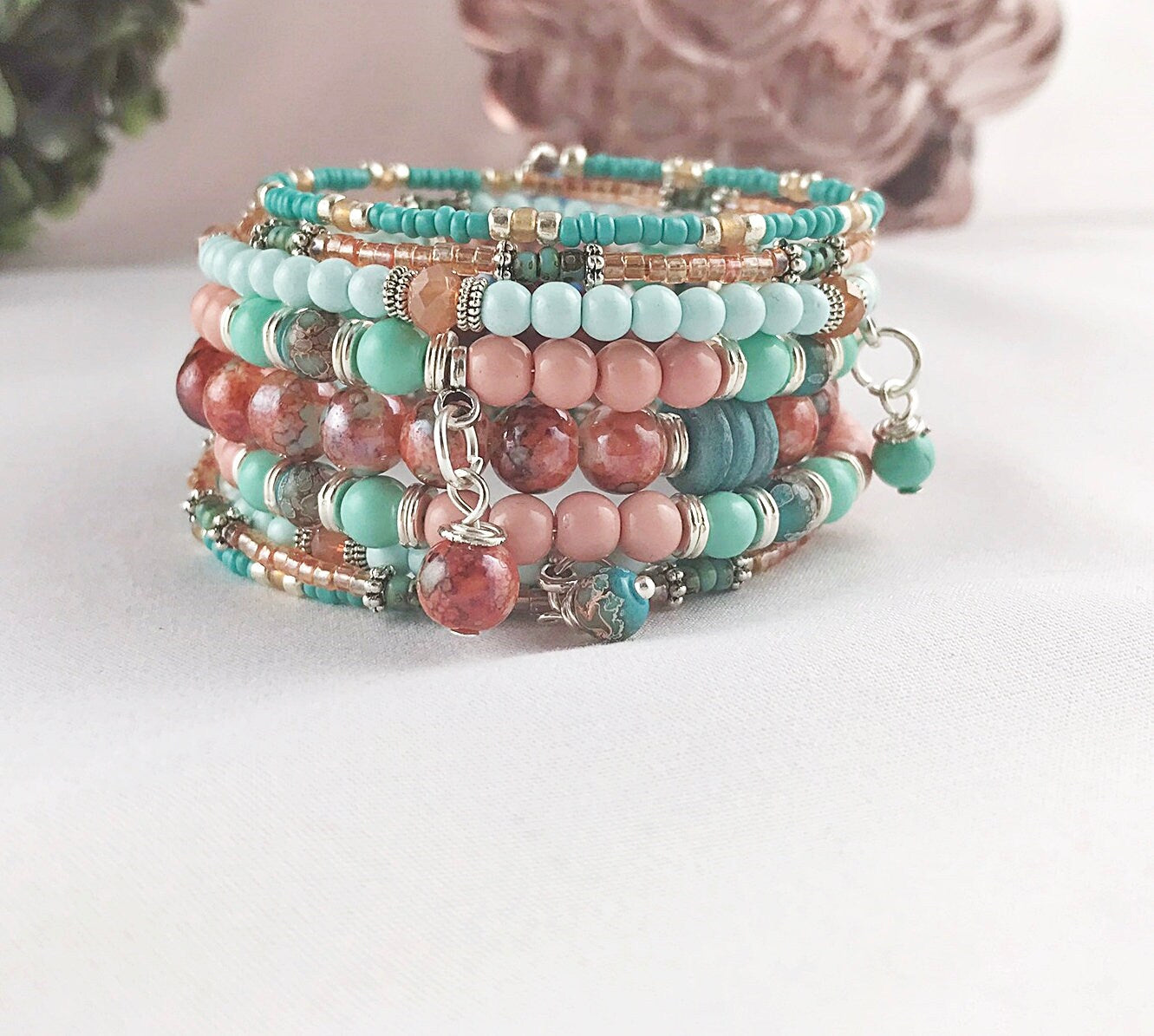 Boho Wrap Bracelet with Charms | Turquoise, Pink, Silver Beaded Cuff | Ibiza Style Jewelry