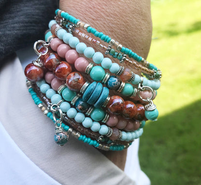 Boho Wrap Bracelet with Charms | Turquoise, Pink, Silver Beaded Cuff | Ibiza Style Jewelry