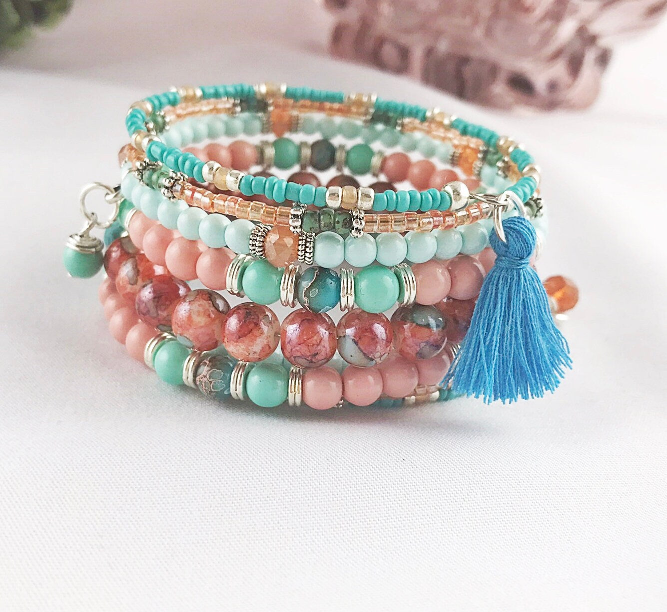 Boho Wrap Bracelet with Charms | Turquoise, Pink, Silver Beaded Cuff | Ibiza Style Jewelry