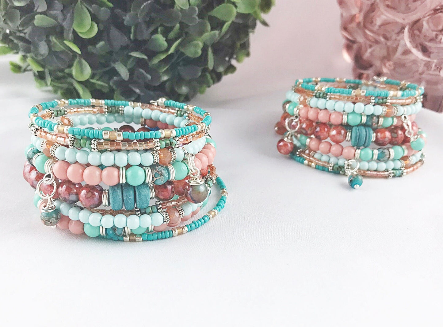 Boho Wrap Bracelet with Charms | Turquoise, Pink, Silver Beaded Cuff | Ibiza Style Jewelry