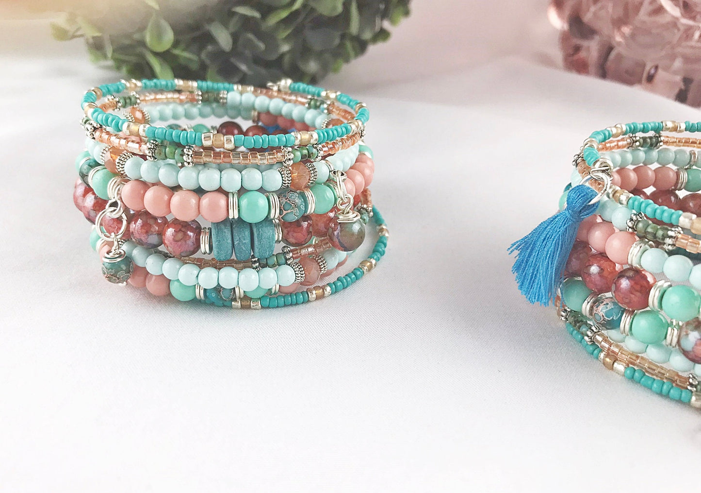 Boho Wrap Bracelet with Charms | Turquoise, Pink, Silver Beaded Cuff | Ibiza Style Jewelry