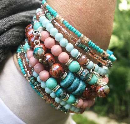 Boho Wrap Bracelet with Charms | Turquoise, Pink, Silver Beaded Cuff | Ibiza Style Jewelry