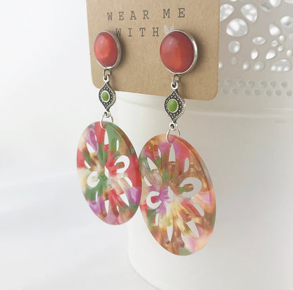 Boho Silver Dangle Earrings | Colorful Ibiza-Style Jewelry | Orange Green Purple