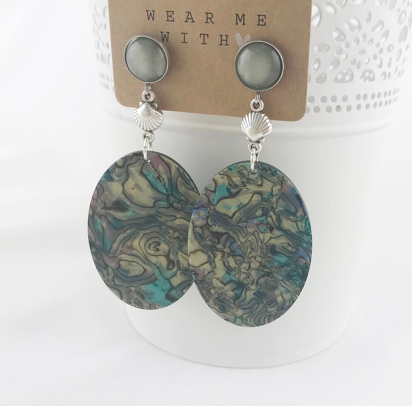 Boho Statement Earrings - Silver Seashell Dangle with Green Polaris Cabochon | Ibiza Style Jewelry