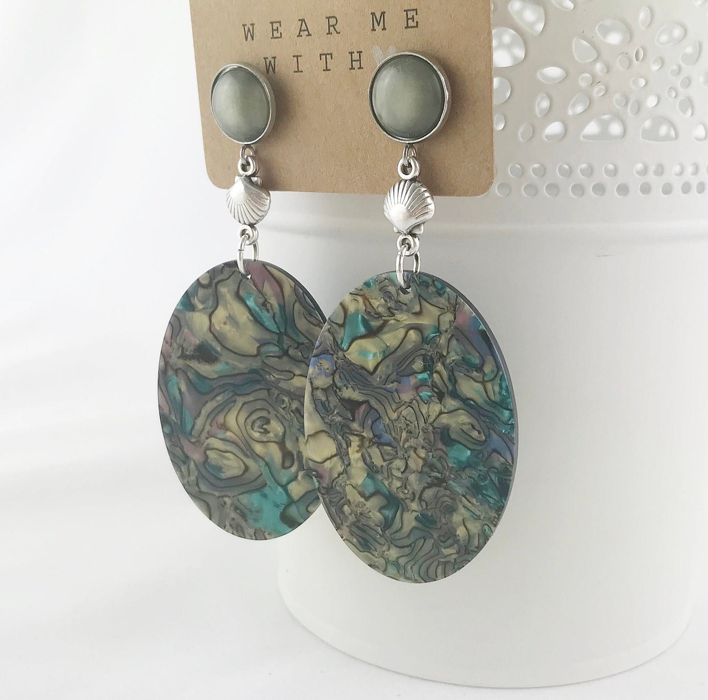 Boho Statement Earrings - Silver Seashell Dangle with Green Polaris Cabochon | Ibiza Style Jewelry