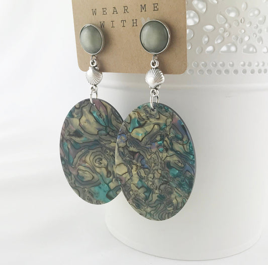 Boho Statement Earrings - Silver Seashell Dangle with Green Polaris Cabochon | Ibiza Style Jewelry